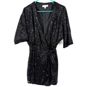She + Sky Size Small Black Sequin Short Sleeve Wrap Style Romper Holiday Party